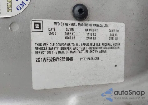 2000 Chevrolet Impala из США, поврежденный, VIN 2G1WF52E4Y9351048